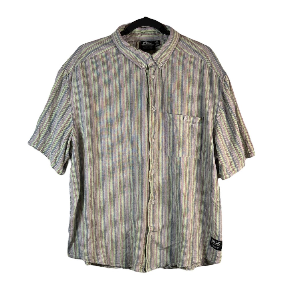 WeSC Men's XXL Linen Blend‎ Striped Shirt Multicolor Short Sleeve Lagenlook Boho